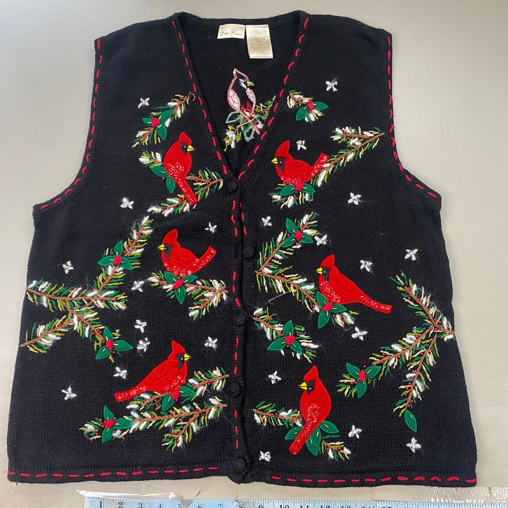 Christmas Sweater Vest Women XL Black Cardinal Embroidery Y2K Winter Grandmacore